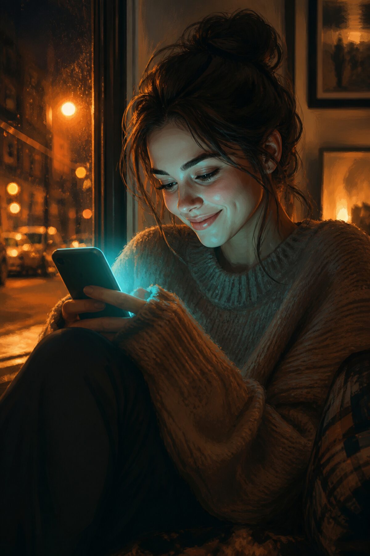Человек улыбается, читая задорное сообщение в телефоне